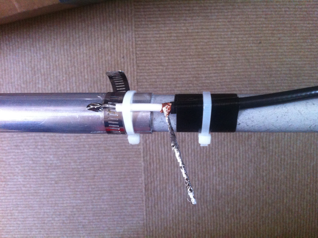 The feed point; a soldered piece of coax